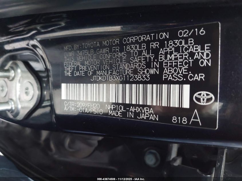 2016 Toyota Prius C One VIN: JTDKDTB3XG1123833 Lot: 43674506