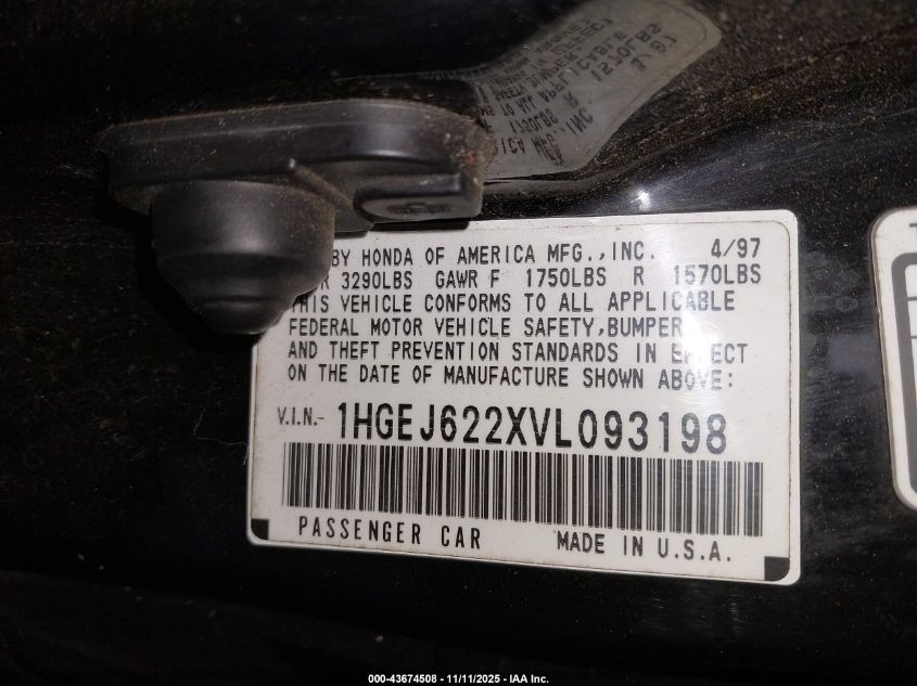 1997 Honda Civic Dx VIN: 1HGEJ622XVL093198 Lot: 43674508