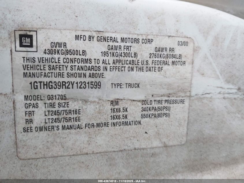 2000 GMC Savana Standard VIN: 1GTHG39R2Y1231599 Lot: 43674518