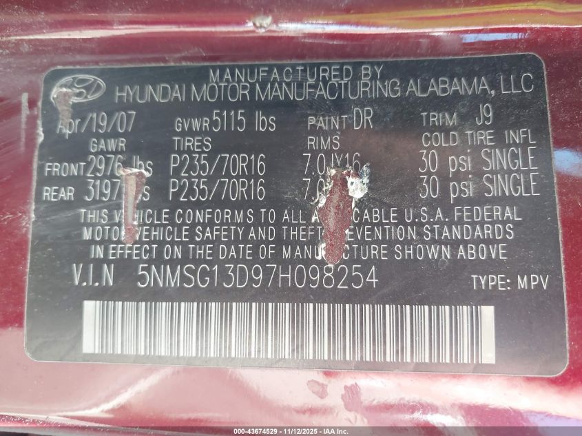 2007 Hyundai Santa Fe Gls VIN: 5NMSG13D97H098254 Lot: 43674529