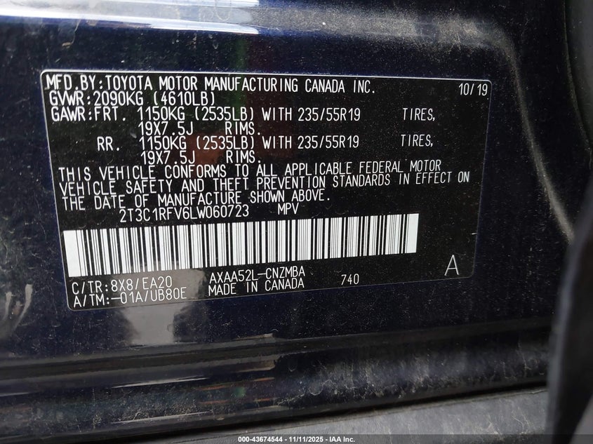 2020 TOYOTA RAV4 XLE PREMIUM 2T3C1RFV6LW060723