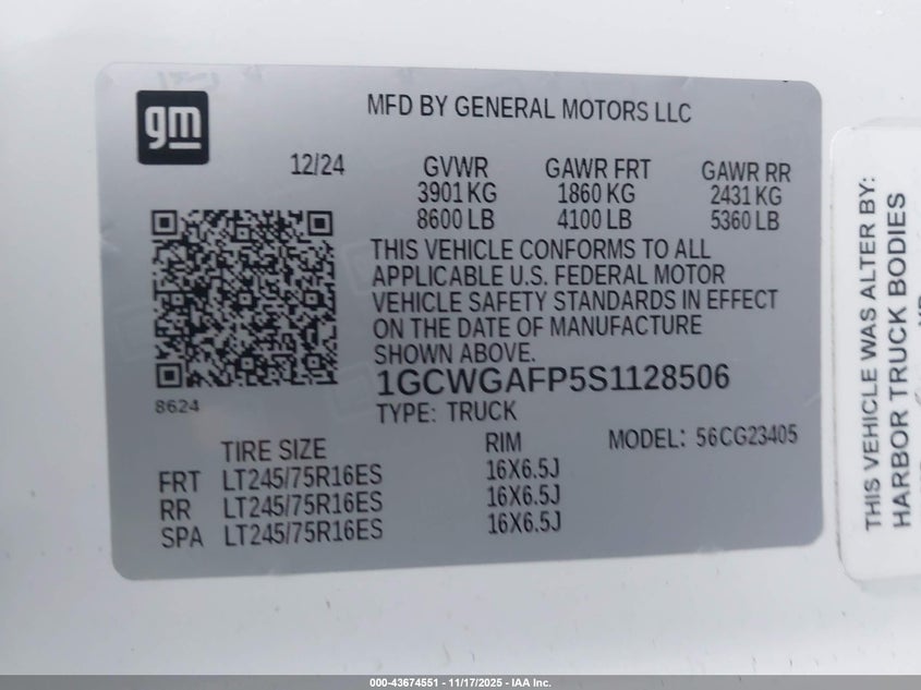 2025 Chevrolet Express Cargo Rwd 2500 Regular Wheelbase Wt VIN: 1GCWGAFP5S1128506 Lot: 43674551