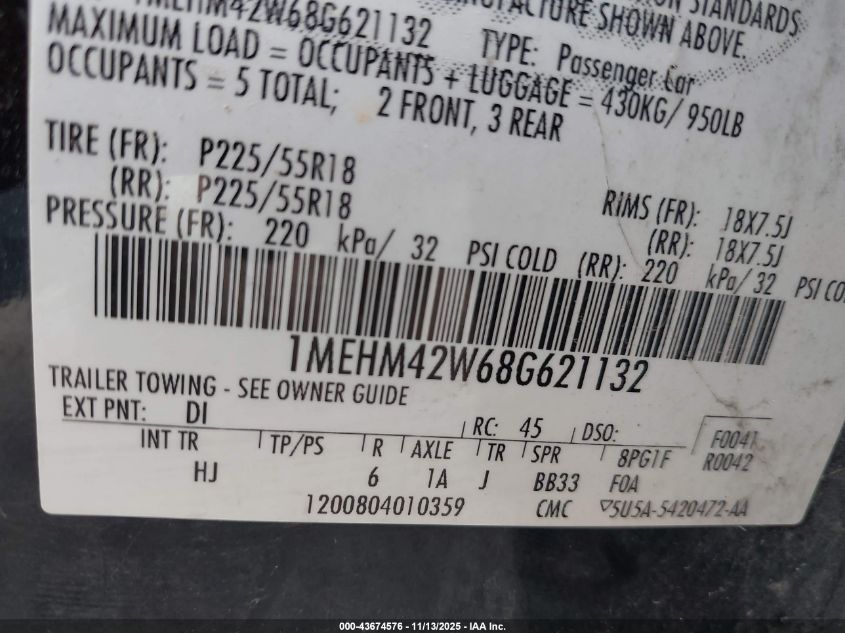 2008 Mercury Sable Premier VIN: 1MEHM42W68G621132 Lot: 43674576