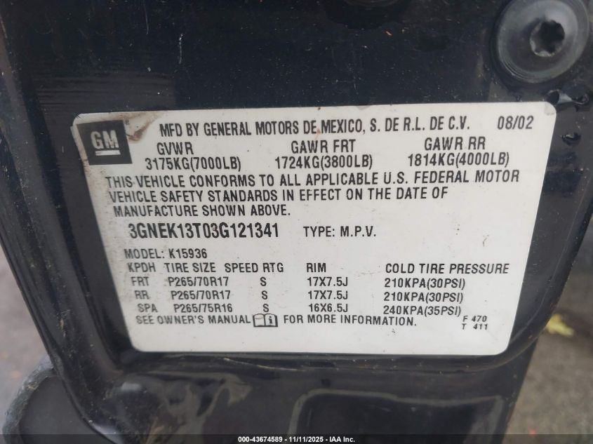 2003 Chevrolet Avalanche 1500 VIN: 3GNEK13T03G121341 Lot: 43674589