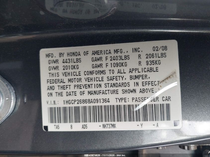 2008 Honda Accord 2.4 Ex-L VIN: 1HGCP26868A091364 Lot: 43674626