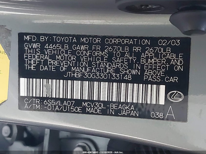 JTHBF30G330133148 2003 LEXUS ES photo no. 9
