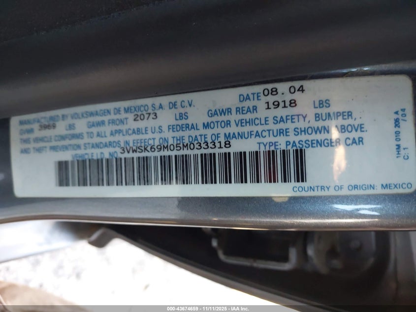 3VWSK69M05M033318 2005 VOLKSWAGEN JETTA photo no. 9