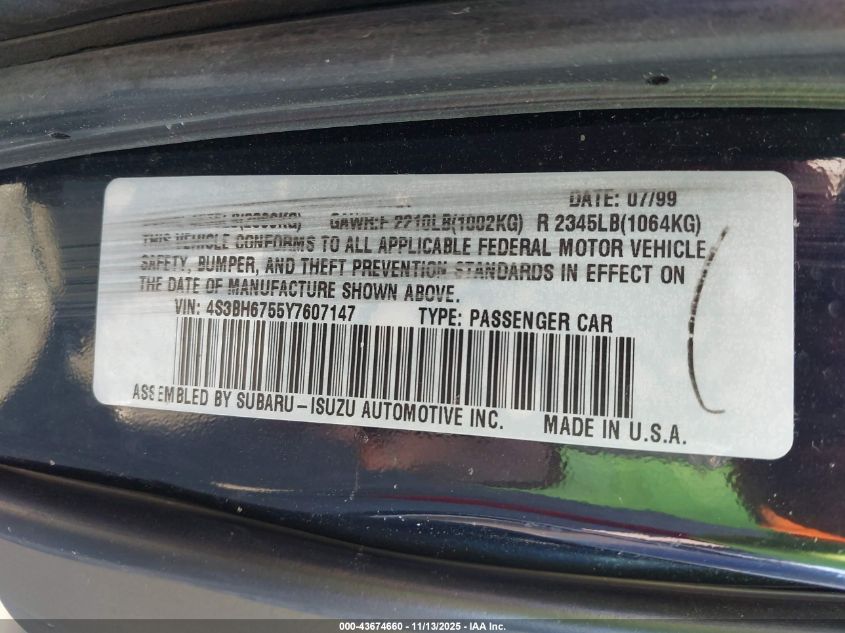 2000 Subaru Outback VIN: 4S3BH6755Y7607147 Lot: 43674660