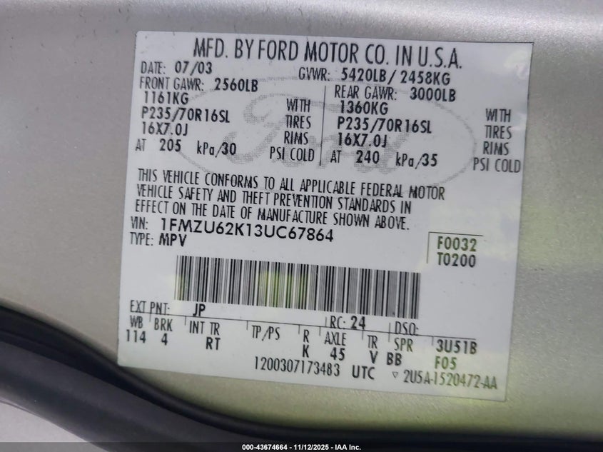 1FMZU62K13UC67864 2003 FORD EXPLORER photo no. 9