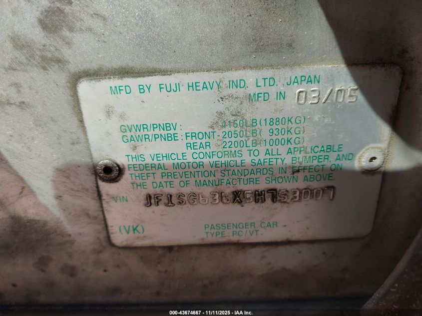 2005 Subaru Forester 2.5X VIN: JF1SG636X5H753007 Lot: 43674667