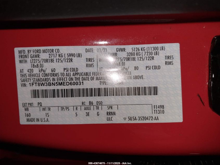 2021 Ford F-350 Xl VIN: 1FT8W3BN5MED60031 Lot: 43674675