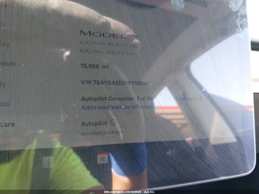 2024 Tesla Model Y Long Range Dual Motor All-Wheel Drive VIN: 7SAYGAEE6RF155047 Lot: 43674677