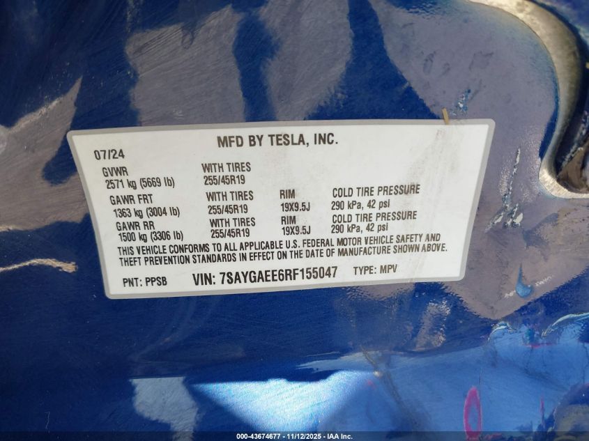2024 Tesla Model Y Long Range Dual Motor All-Wheel Drive VIN: 7SAYGAEE6RF155047 Lot: 43674677