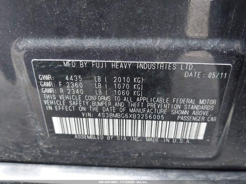 2011 Subaru Legacy 2.5I Premium VIN: 4S3BMBG6XB3256005 Lot: 43674684