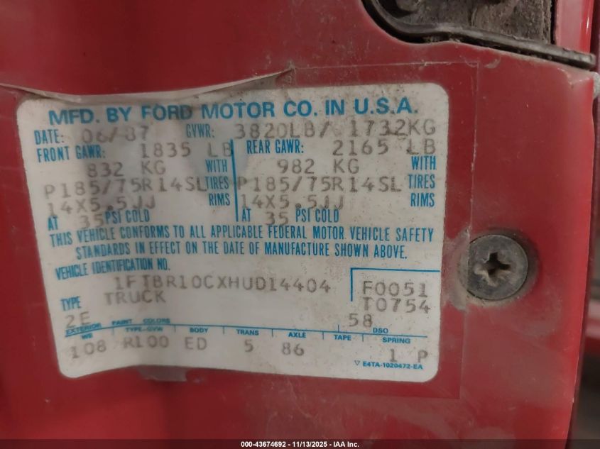 1987 Ford Ranger VIN: 1FTBR10CXHUD14404 Lot: 43674692