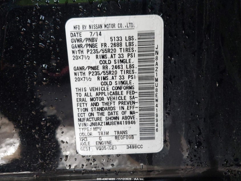 JN8AZ1MU8EW419946 2014 NISSAN MURANO photo no. 9