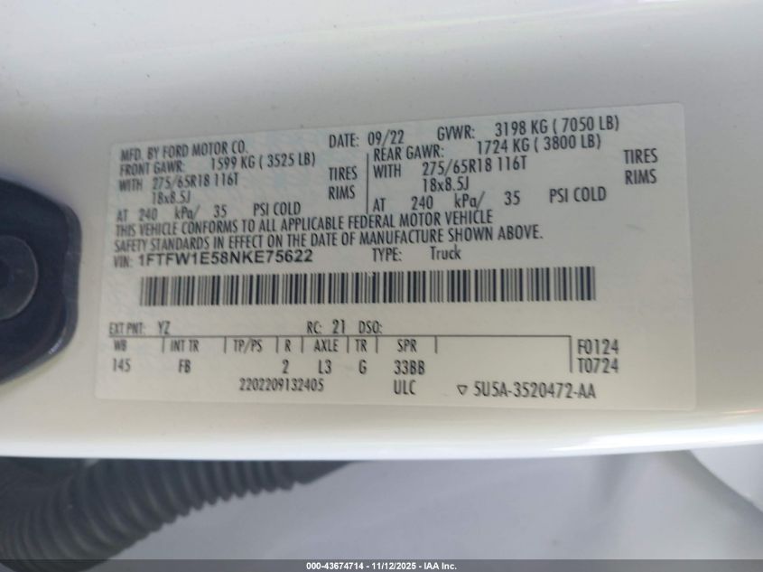 2022 Ford F-150 Xlt VIN: 1FTFW1E58NKE75622 Lot: 43674714