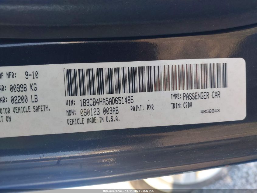 2010 Dodge Caliber Sxt VIN: 1B3CB4HA5AD651485 Lot: 43674743