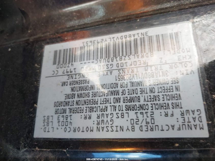 2020 Nissan Sentra Sr Xtronic Cvt VIN: 3N1AB8DV1LY293651 Lot: 43674745