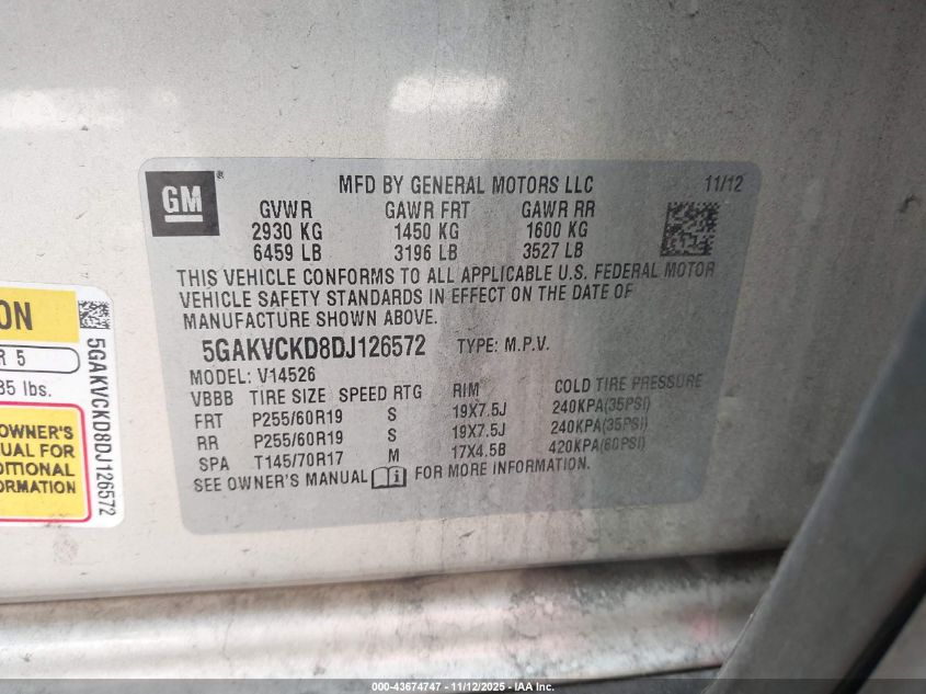 2013 Buick Enclave Leather VIN: 5GAKVCKD8DJ126572 Lot: 43674747