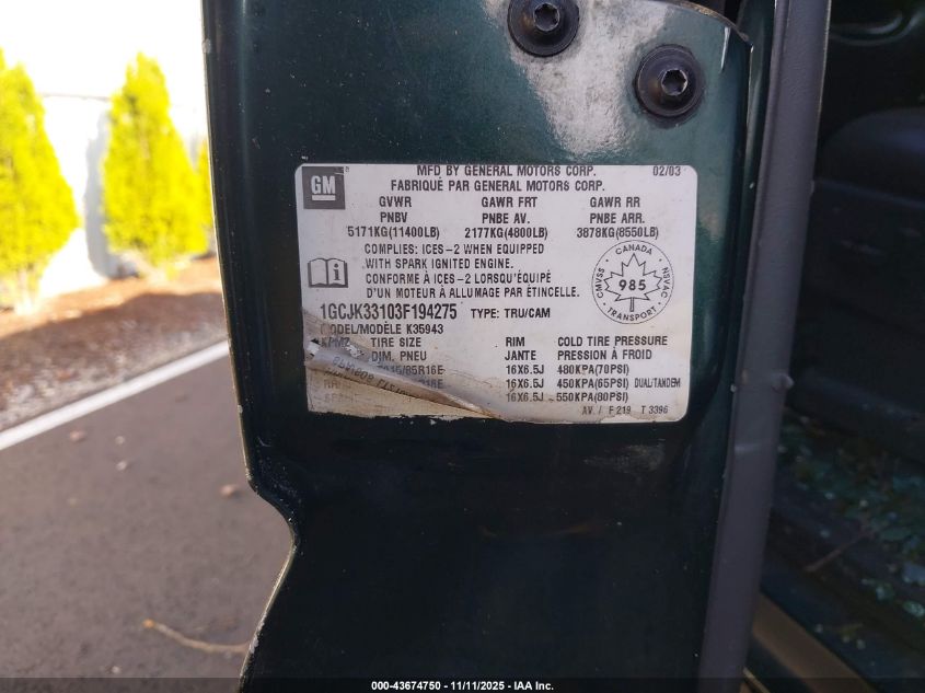 2003 Chevrolet Silverado 3500 Ls/Lt VIN: 1GCJK33103F194275 Lot: 43674750