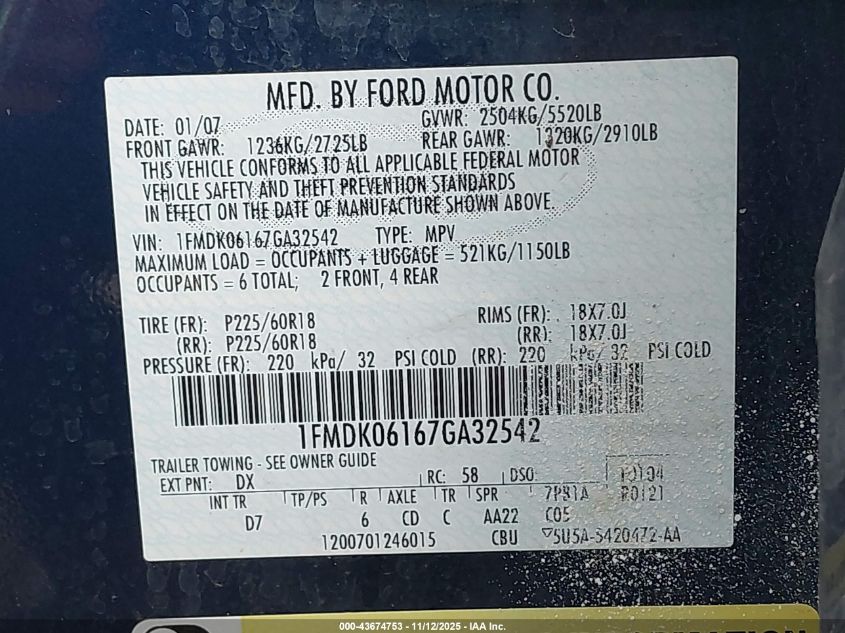 2007 Ford Freestyle Limited VIN: 1FMDK06167GA32542 Lot: 43674753