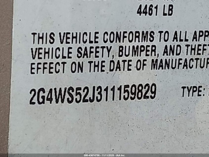 2001 Buick Century Custom VIN: 2G4WS52J311159829 Lot: 43674758