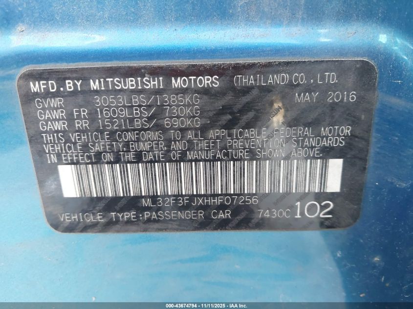 2017 Mitsubishi Mirage G4 Es VIN: ML32F3FJXHHF07256 Lot: 43674794