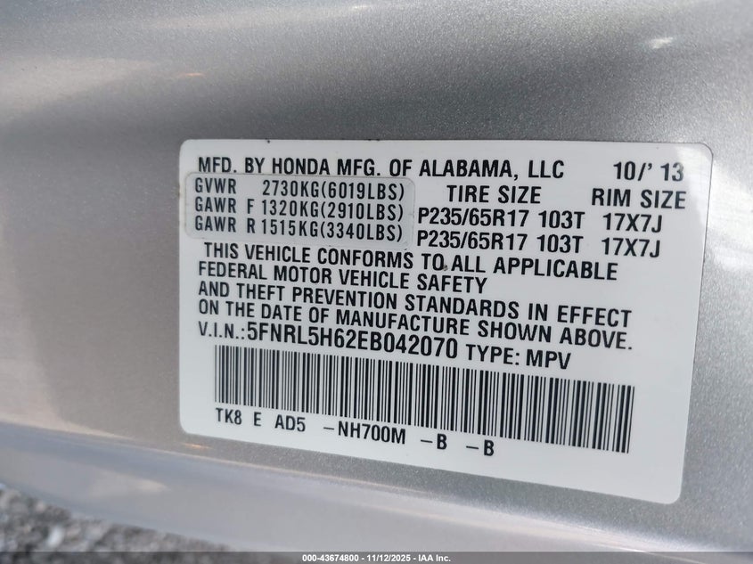 2014 HONDA ODYSSEY EX-L 5FNRL5H62EB042070