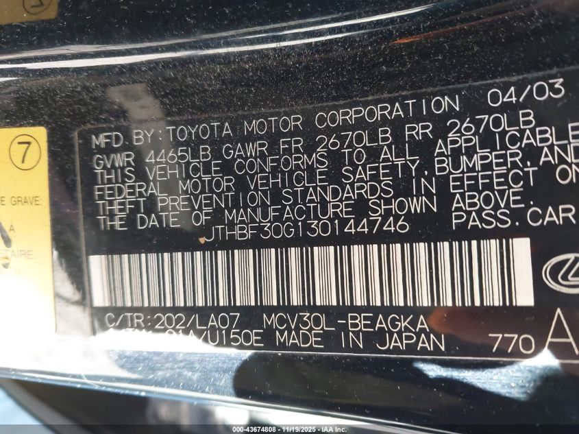 2003 Lexus Es 300 VIN: JTHBF30G130144746 Lot: 43674808