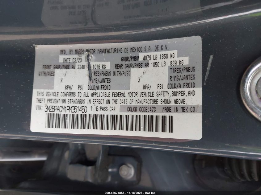 2023 Mazda Mazda3 2.5 S Carbon Edition VIN: 3MZBPACM1PM351450 Lot: 43674855