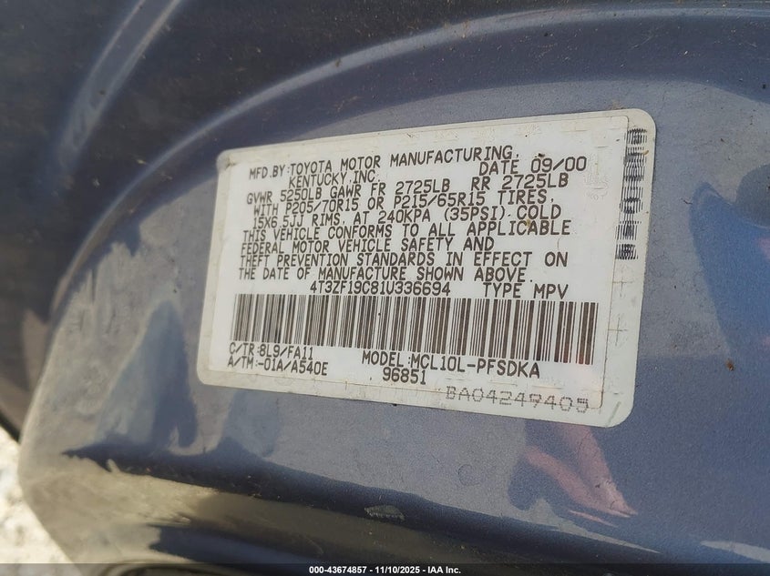 2001 Toyota Sienna Ce VIN: 4T3ZF19C81U336694 Lot: 43674857