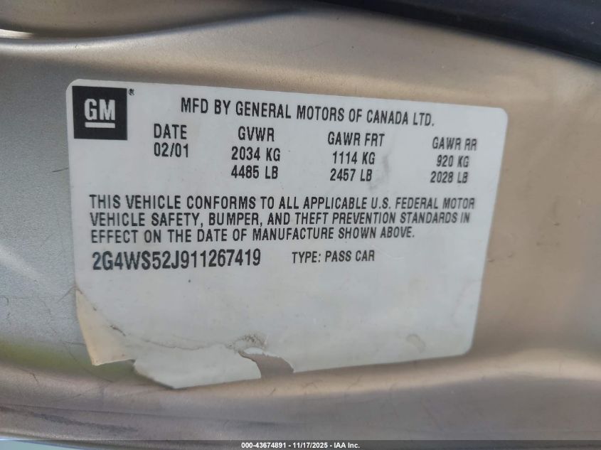 2001 Buick Century Custom VIN: 2G4WS52J911267419 Lot: 43674891