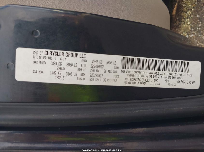 2014 Chrysler Town & Country Touring VIN: 2C4RC1BG1ER368375 Lot: 43674901