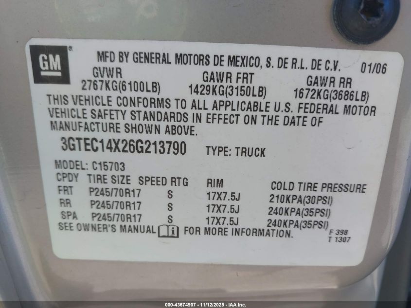 2006 GMC Sierra 1500 Work Truck VIN: 3GTEC14X26G213790 Lot: 43674907