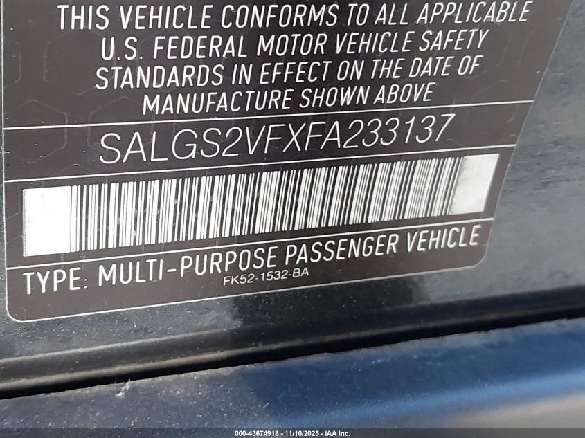 2015 Land Rover Range Rover 3.0L V6 Supercharged Hse VIN: SALGS2VFXFA233137 Lot: 43674918