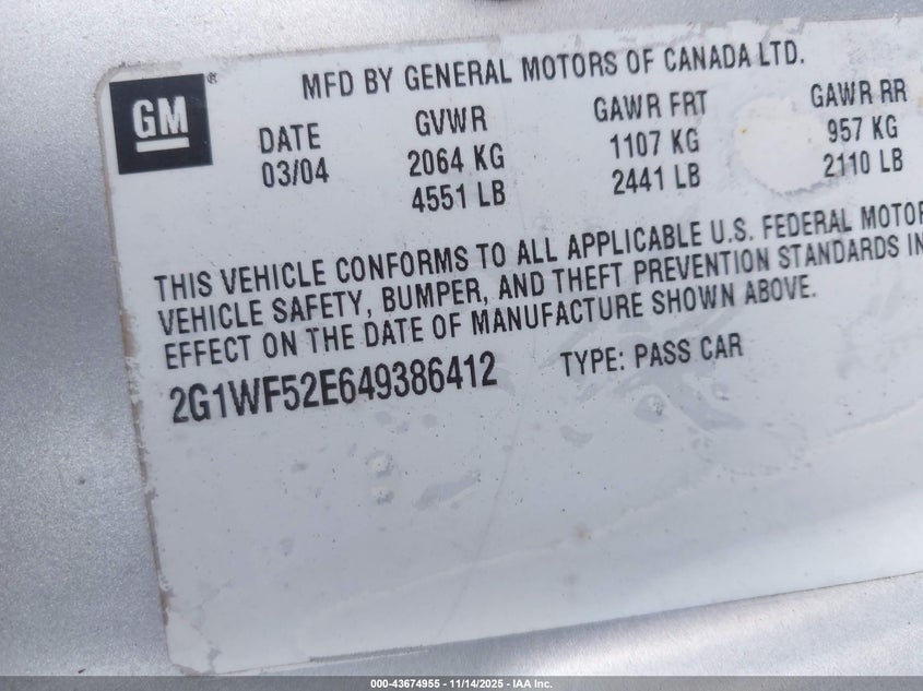 2004 Chevrolet Impala VIN: 2G1WF52E649386412 Lot: 43674955