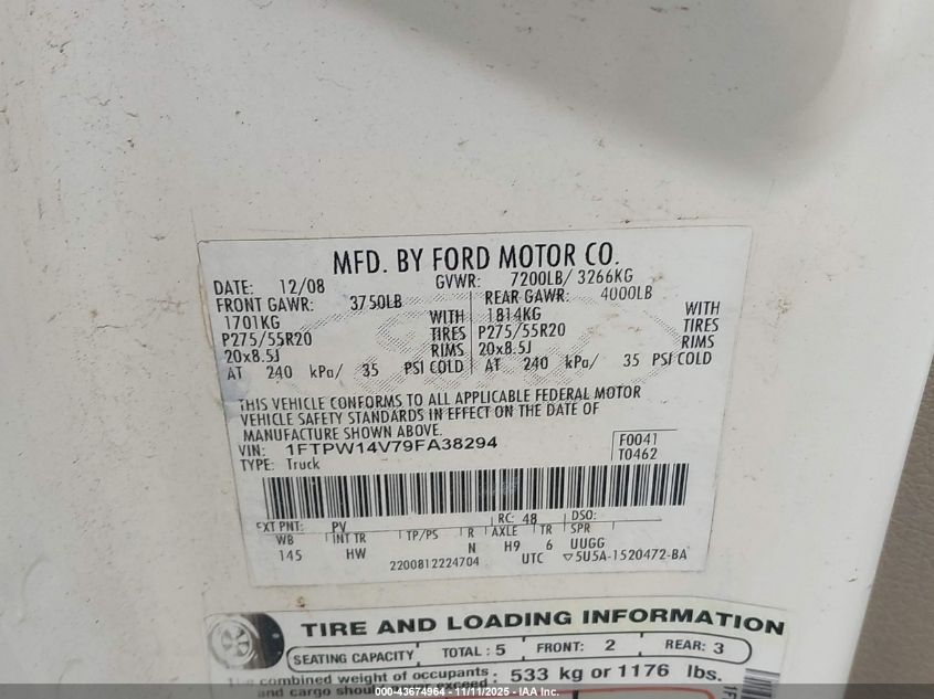 2009 Ford F-150 Lariat VIN: 1FTPW14V79FA38294 Lot: 43674964