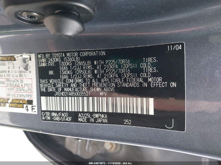 2005 Toyota Highlander VIN: JTEHD21A850035527 Lot: 43674973