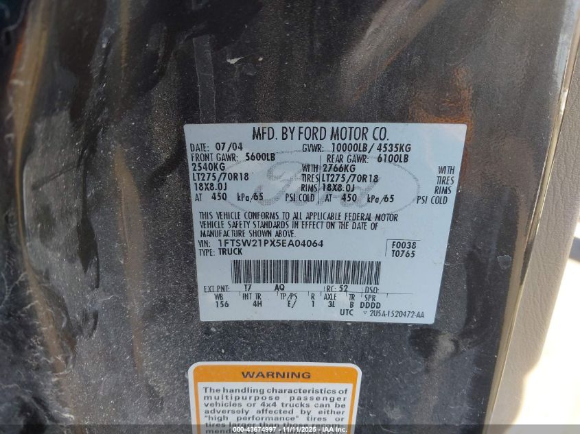 2005 Ford F-250 Lariat/Xl/Xlt VIN: 1FTSW21PX5EA04064 Lot: 43674997