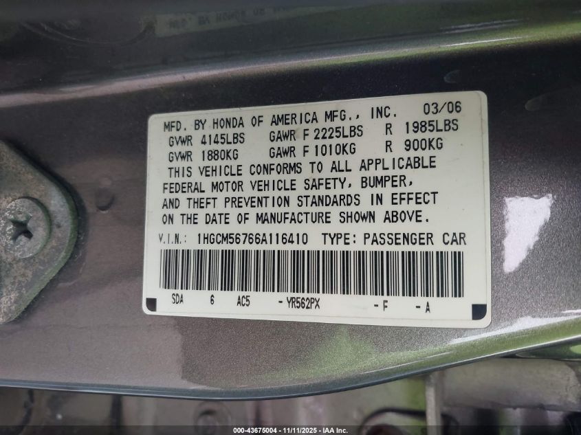 2006 Honda Accord Sdn 2.4 Ex/Ex VIN: 1HGCM56766A116410 Lot: 43675004