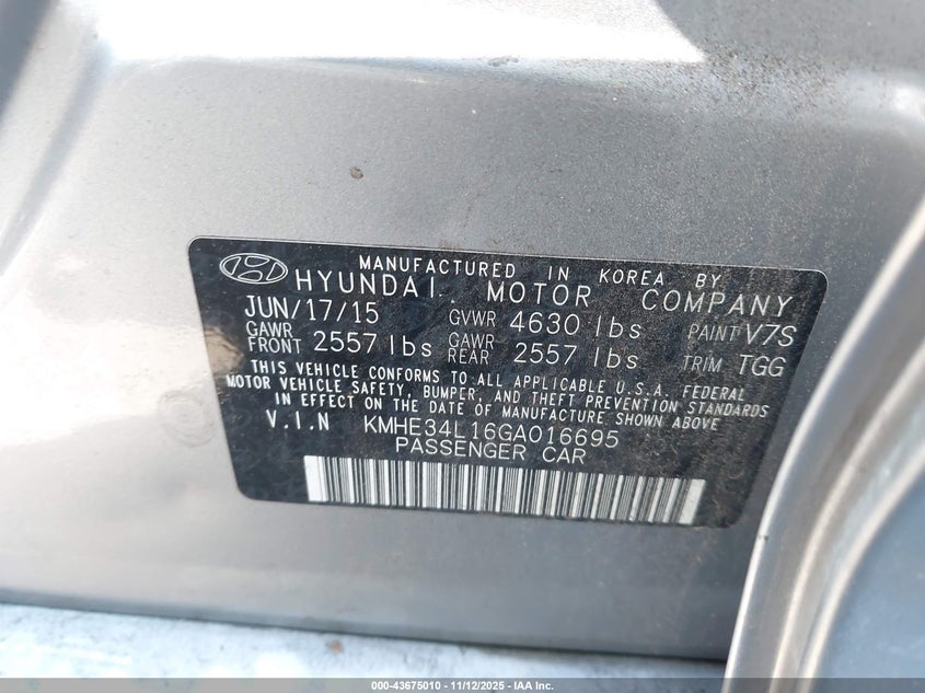 2016 HYUNDAI SONATA HYBRID LIMITED KMHE34L16GA016695