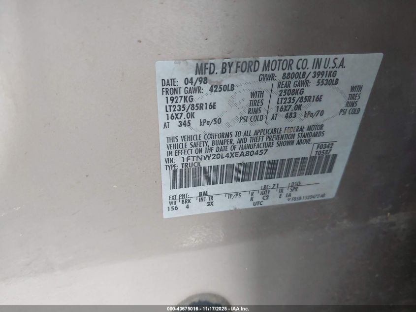 1999 Ford F-250 Lariat/Xl/Xlt VIN: 1FTNW20L4XEA80457 Lot: 43675016