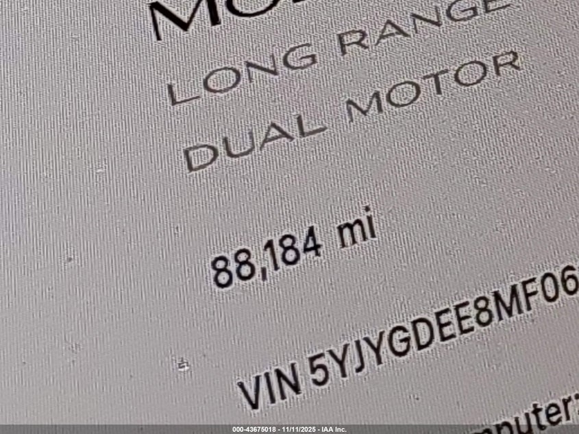 2021 Tesla Model Y Long Range Dual Motor All-Wheel Drive VIN: 5YJYGDEE8MF061565 Lot: 43675018