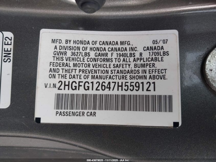 2007 Honda Civic Lx VIN: 2HGFG12647H559121 Lot: 43675025