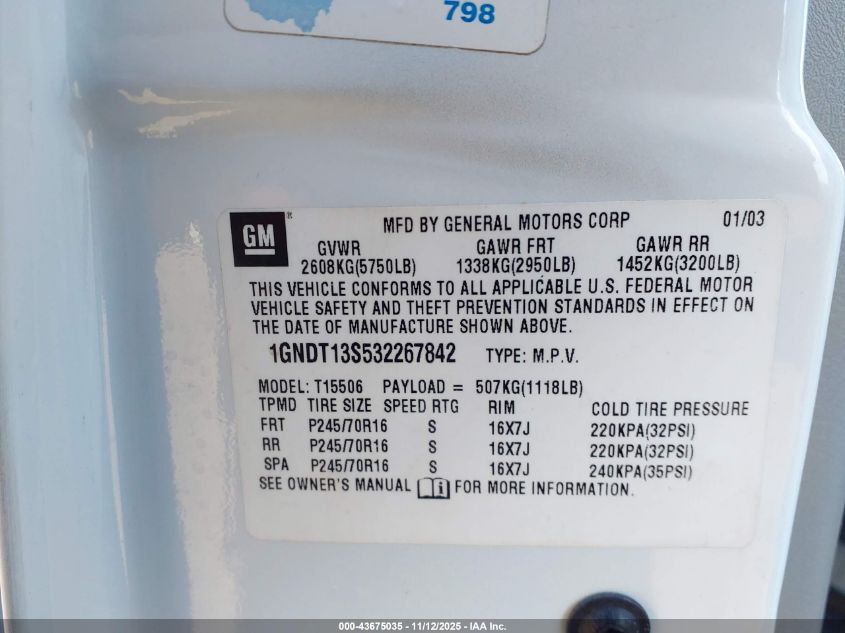 2003 Chevrolet Trailblazer Lt VIN: 1GNDT13S532267842 Lot: 43675035