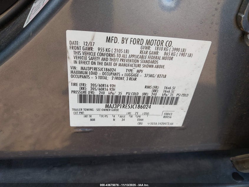 VIN MAJ3P1RE5JC186024 2018 FORD ECOSPORT S