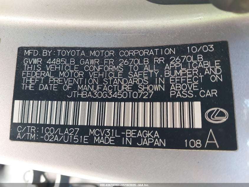 JTHBA30G345010727 2004 LEXUS ES photo no. 9