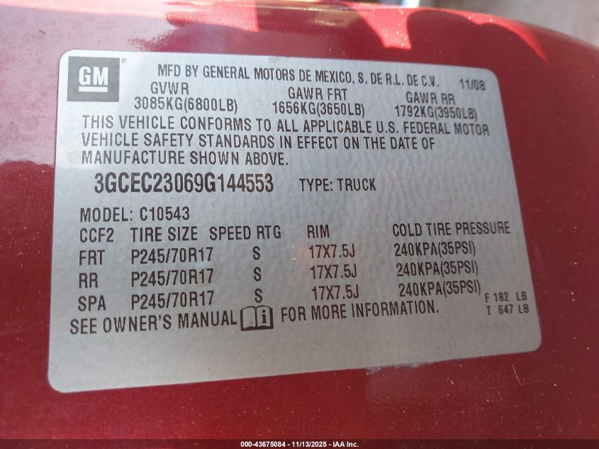 2009 Chevrolet Silverado 1500 Lt VIN: 3GCEC23069G144553 Lot: 43675084