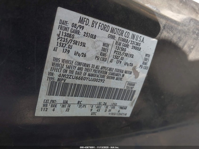 2000 Mercury Mountaineer VIN: 4M2ZU66E0YUJ00292 Lot: 43675091